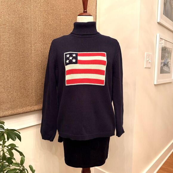 Liz‎ Claiborne Sweater Women Size Medium Flag Turtleneck Navy  100% Cotton - Picture 1 of 7